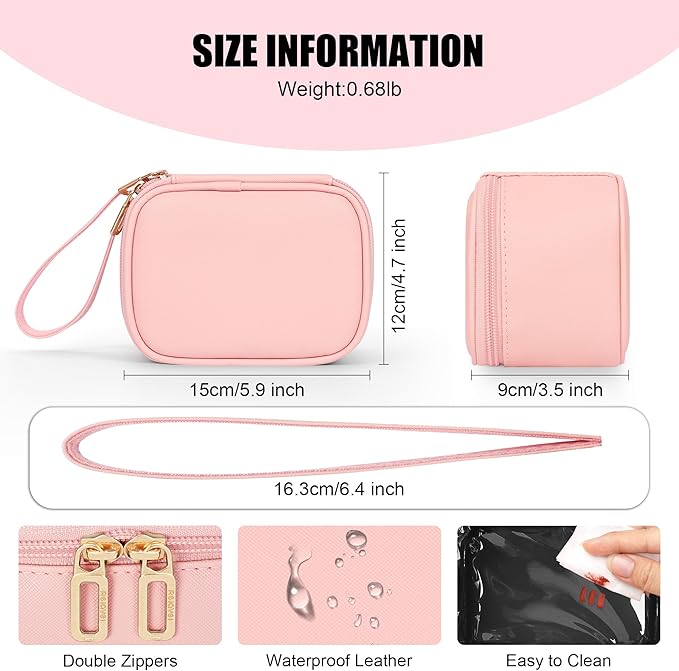 Relavel Mini Makeup Bag with Led Mirror, Small Cosmetic Bag with 3 Light Modes, Rechargeable Portable Makeup Pouch with Hands-Free Wrist Strap for Pool Parties丨Work Touch-Ups丨Travel - Pink