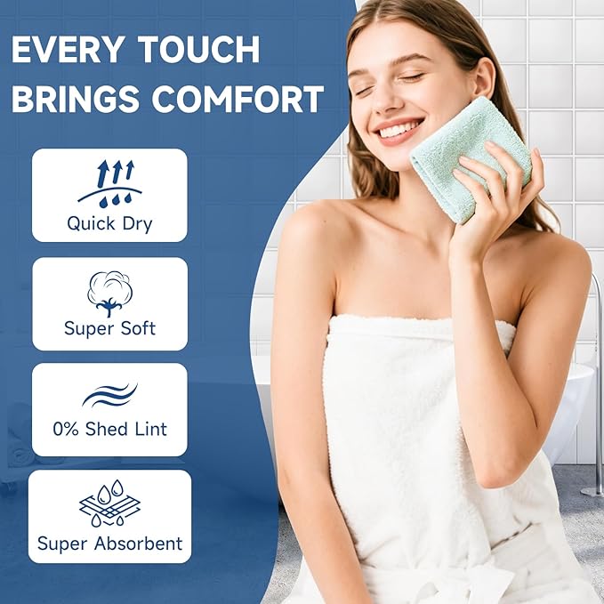TEAWOO Coral Velvet Grayish Blue Washcloths 12 Pack, Highly Absorbent and Soft Grayish Blue Face Towels, Multi-Purpose Washcloths and Hand Towels for Bathroom, Hotel, Spa and Gym, 12 x 12 inches