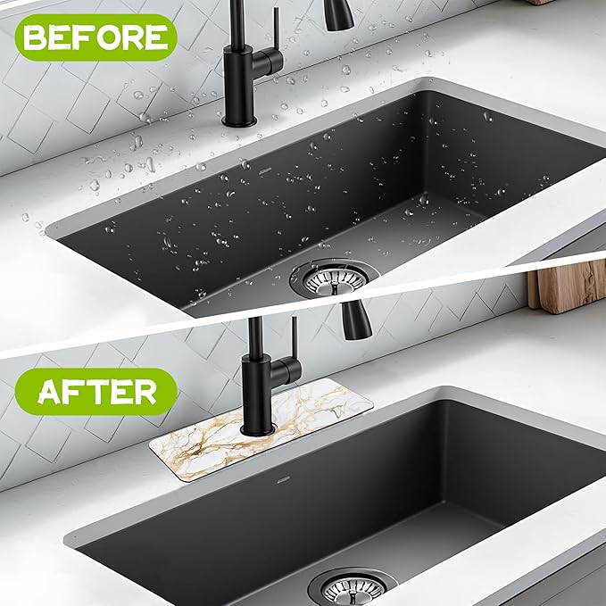 Kitchen Sink Splash Guard Faucet Mat Super Absorbent Fast Drying Mat Guard Behind Faucet Drip Catcher for Kitchen Bathroom (Gray Gold Marble, 23.5"X5.5")