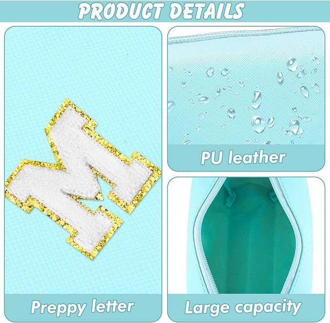 Gifts for Girls Initial Makeup Bag Personalized Cosmetic Bag with Zipper Cute Travel Toiletry Bag Waterproof PU Preppy Makeup Pouch Birthday Gift for Teen Girls Women(Blue M)