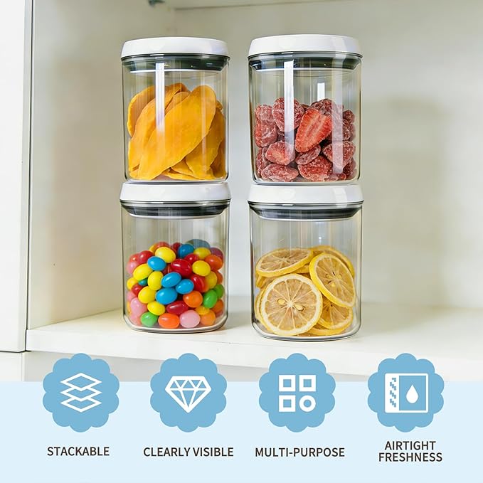 Airtight Pop-Top Food Storage Container Sets with Lids, 4-Piece Round Pop Containers for Kitchen Pantry Organization, BPA-Free Stackable Kitchen Storage Containers for Cereal, Flour, Sugar (0.6, 1.7qt)*2