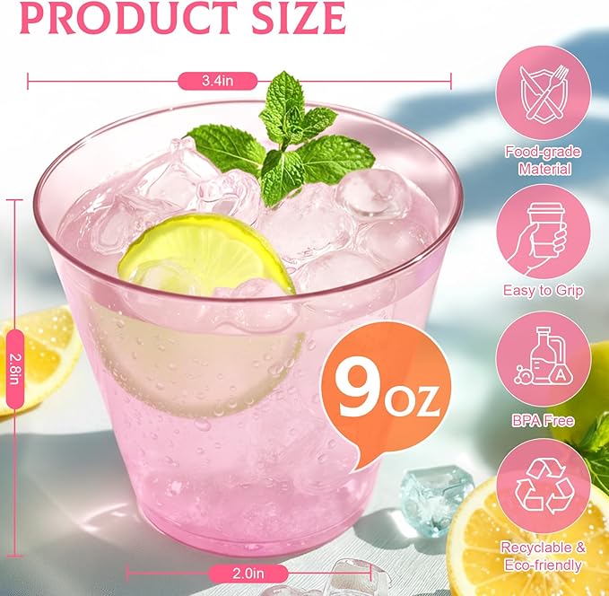 150 Pack Plastic Cups 9 oz Pink Clear Plastic Cups for Cocktail Fancy Disposable Cups for Party Stemless Wine Glasses for Birthday Wedding Graduation
