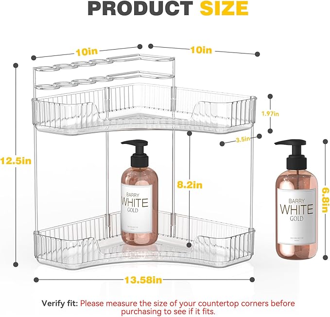 2-Tier Corner Bathroom Counter Organizer with Top Toothbrush Holders,Large Makeup Organizer Countertop with Brush Holder,Skincare Organizers Corner,Exquisite Vanity Organizer(Clear, 2 Tier)