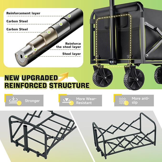 360LBS Collapsible Foldable Wagon Carts - Heavy Duty Portable Folding Utility Wagons with All-Terrain Wheels for Grocery Sports Shopping Camping Garden Beach, 2 Drink Holders/Lightweight/Black