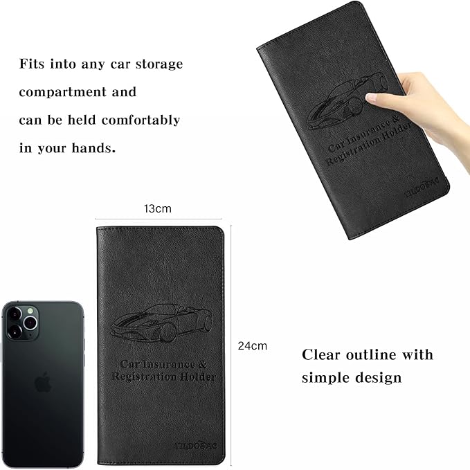 TILDOSAC Leather Car Registration and Insurance Card Holder, Car Document Holder for Cards License with Magnetic Shut (Black, large)