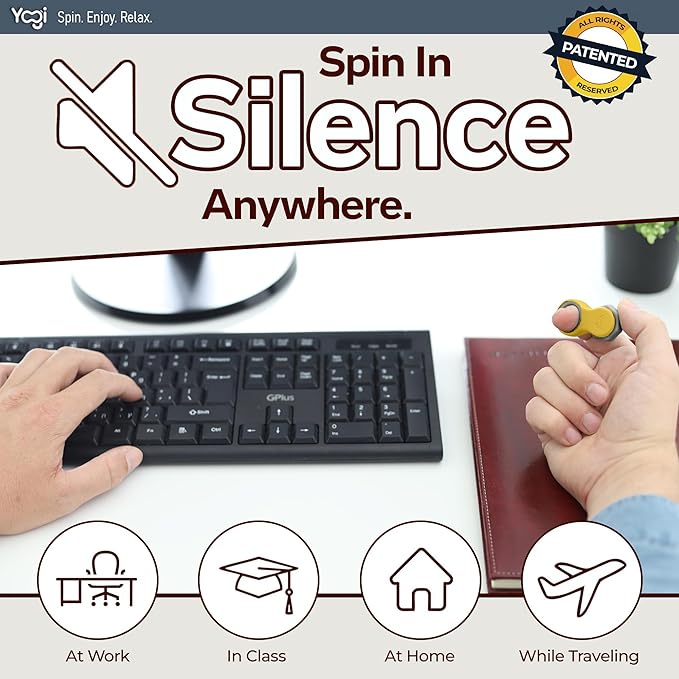 Yogi Fidget Toy – Silent Sensory Spinner for Adults & Kids – Stress Relief Fidgets for ADHD, Anxiety – Fidget Toys for Adults – Includes 5 Finger-Fit Rings – Work, School & Travel – Amber