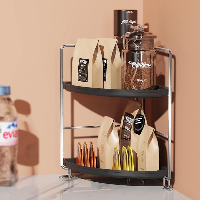 2-Tier Bathroom Organizer Countertop Corner - Makeup Organizer Cosmetic Perfume Holder Bedroom Storage Shelf or Kitchen Spice Rack (Chrome + Black)