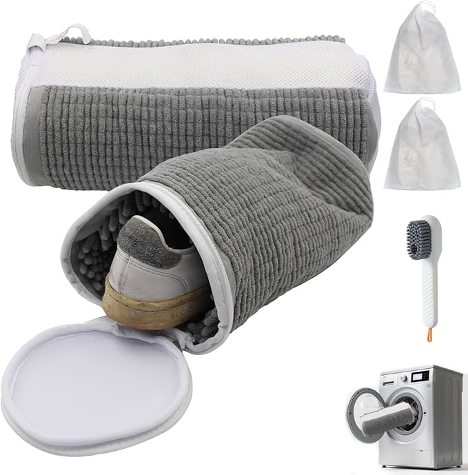 Shoe Washing Machine Bag, Blue and White Stripes Mesh Shoe Washing Bag for Washing Machine - Large Size Fits Various Shoes, Chenille Fabric Protection, Zipper Laundry Bag for Sneakers (2 Pcs) (Grey)