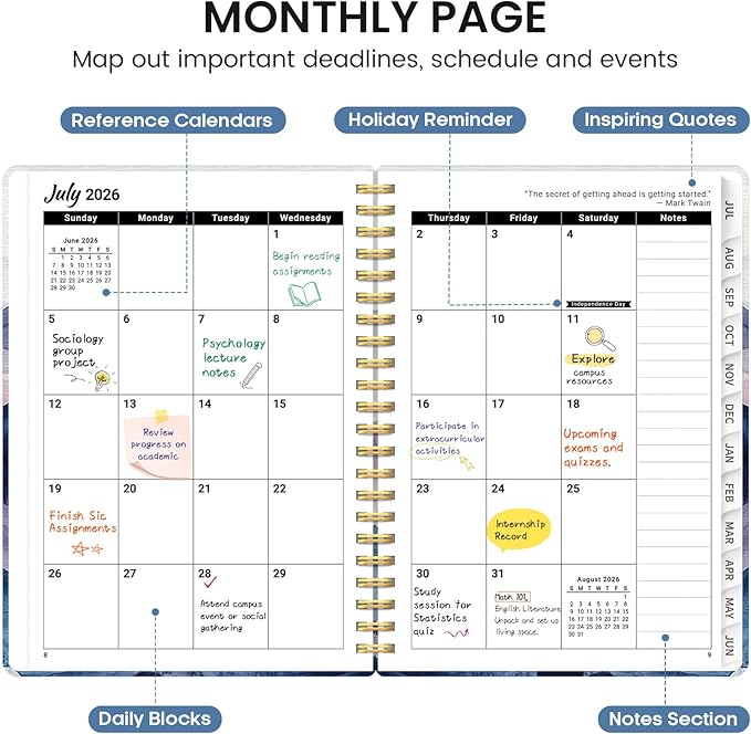 Planner 2026-2027, Academic Monthly and Weekly Calendar Planner for Women, July 2026 - June 2027, Hardcover Pretty Agenda Planner Book with Tabs, Spiral Daily Organizer for School Office Home Supplies, 6.3" x 8.5" - Distant Peaks