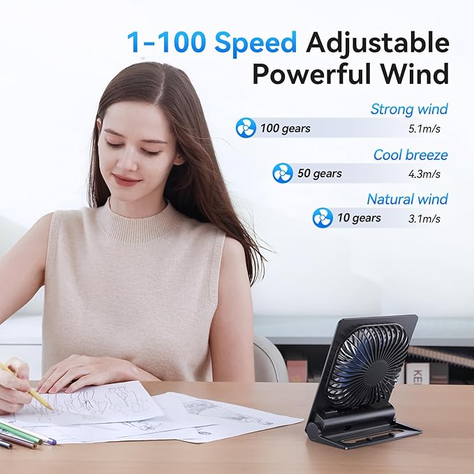 Desk Fan, 6.61''Ultra-thin 5000mAh Battery Powered Fan with Powerful Wind,100 Speeds Adjustable&Digital Display,Timer,Ultra-quiet Small Portable Fan for Bedroom,Office,Travel,Summer Essentials