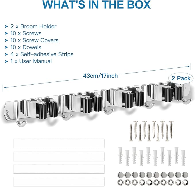 IMILLET 2 Broom Holder Wall Mounted, Stainless Steel Broom Mop Holder Self Adhesive Heavy Duty Hooks Storage Organizer for Home Laundry Room Garden Garage Closet Kitchen（4 Racks with 5 Hooks）