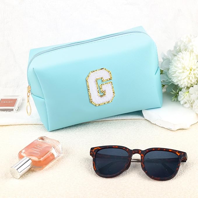 Gifts for Girls Initial Makeup Bag Personalized Cosmetic Bag with Zipper Cute Travel Toiletry Bag Waterproof PU Preppy Makeup Pouch Birthday Gift for Teen Girls Women(Blue G)