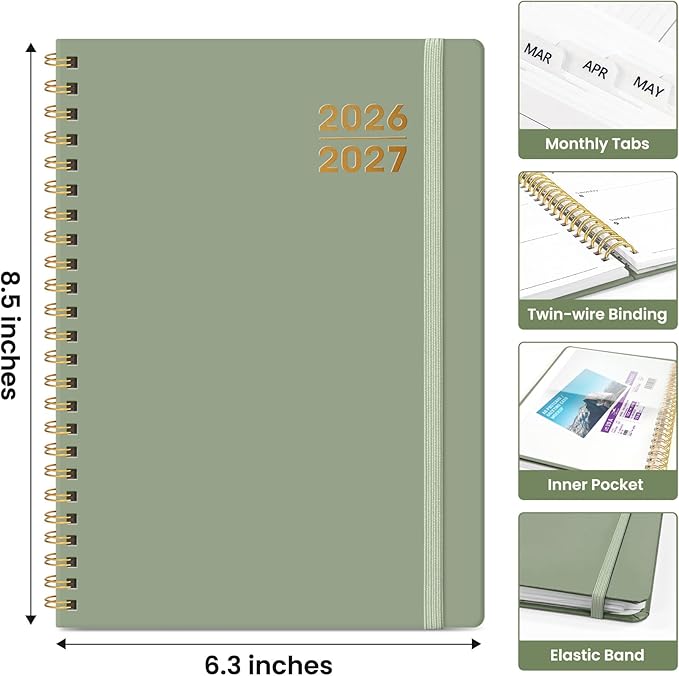 Planner 2026-2027 for Women & Men, Set of 3, Academic Monthly and Weekly Calendar Planner, Jul 2026 - Jun 2027, A5 (6.3" x 8.5"), Teacher Student Planning Book with Tabs, Ideal for Office School Supplies - 3 Green