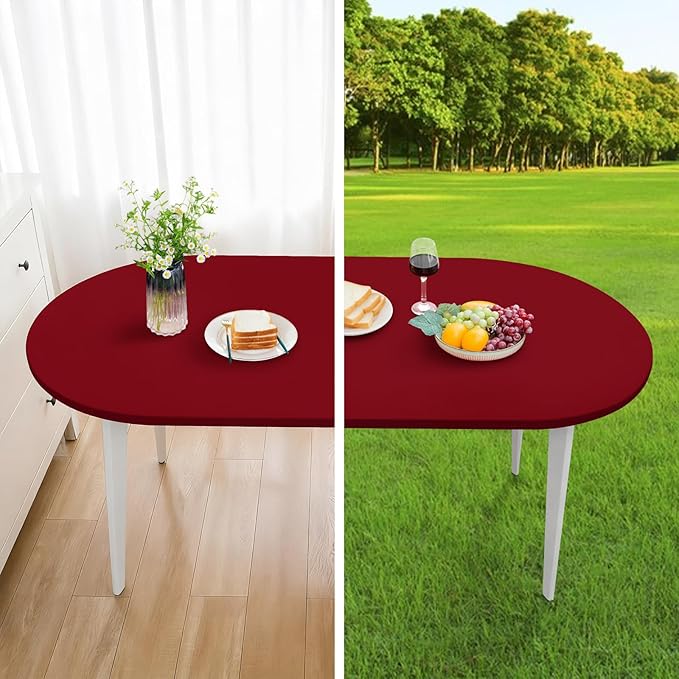 NEWISHER Fitted Oval Tablecloth 48 x 68 Inch Elastic Table Cloth, Stretch Spandex Table Cover Burgundy Washable Polyester Top Cap Cover for Dining Picnic Camping Indoor and Outdoor