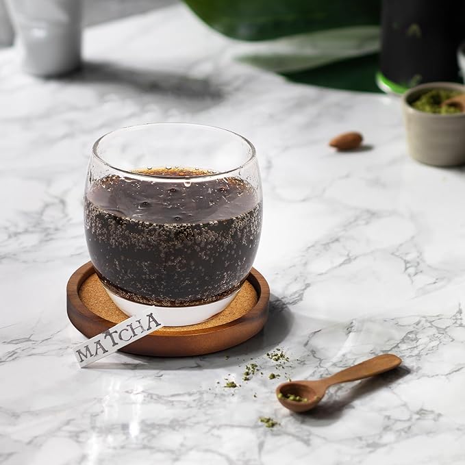 Wooden Drink Coasters Set of 4, Stackable Cup Coaster for Table, 4.2 inch Absorbent Cork Coasters Set for Tabletop Protection, Rustic Glass Coaster for Coffee, Home Decor.