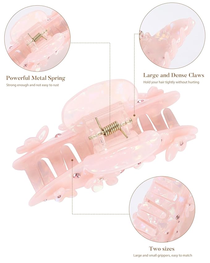 3PCS Acrylic Flower Hair Claw Clips - 2 Styles Durable Medium Small Claw Clips for Women, Strong Hold Cute Non Slip Stylish Accessories Decroation Buns for Thick Thin Hair (pink)