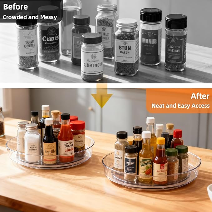 Lazy Susan Turntable for Spice Organization | Clear BPA-Free Plastic Rotating Organizer for Kitchen Cabinet, Pantry, Countertop, Fridge | 360-Degree Rotating Base (10 inch - 8 Pack)