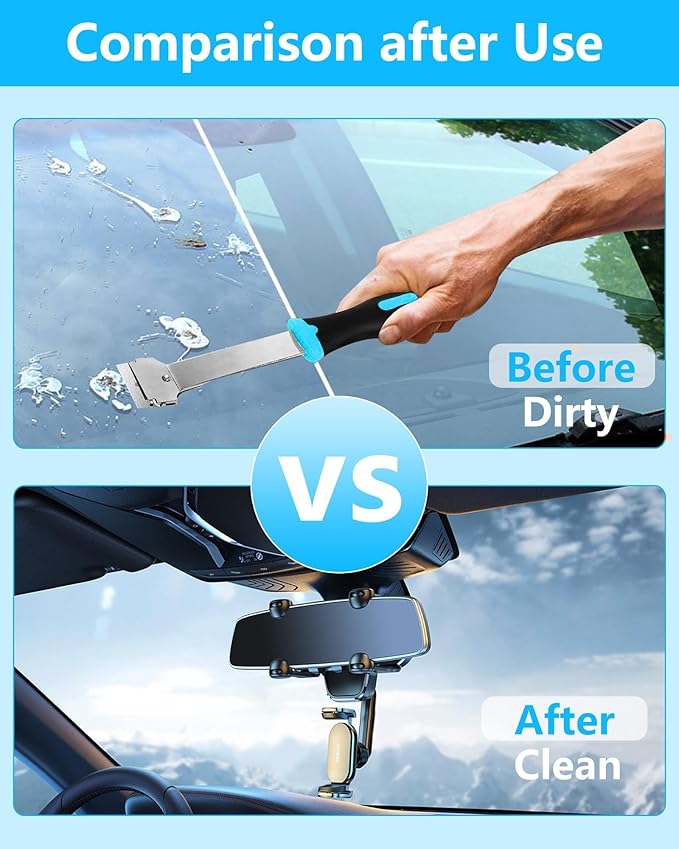 Razor Blade Scraper, Long Handle Scraper Tool with 10 Plastic and 10 Metal Blades - Ideal for Removing Labels, Stickers, Appliance Grease, and More from Windshields, Tint, and Glass (Blue)