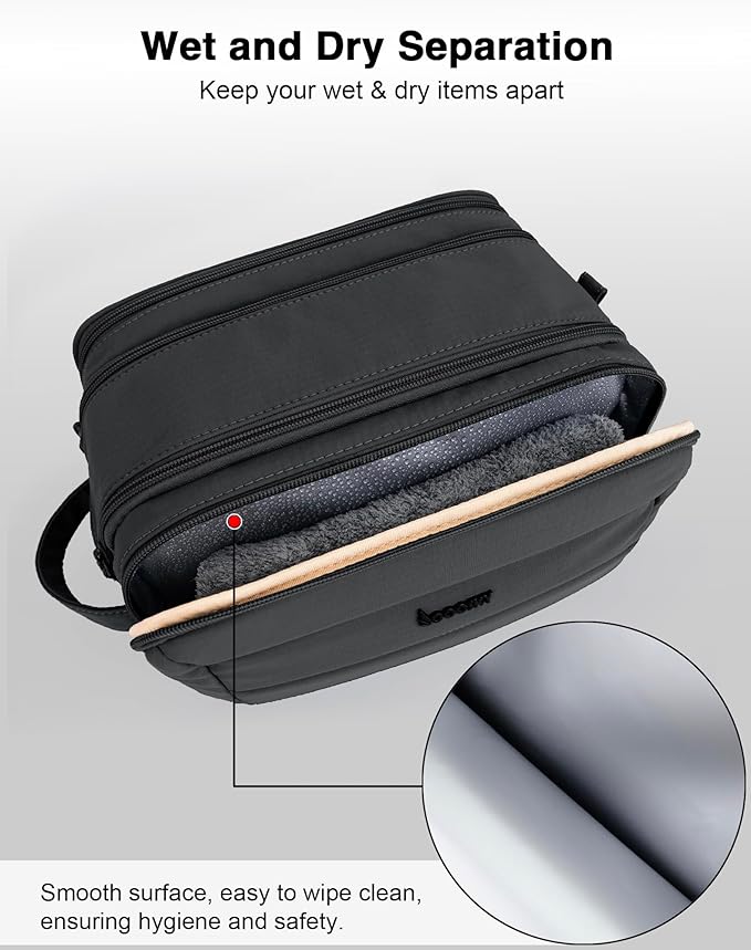 Toiletry Bag for Men & Women, Cruise Ship Travel Essentials, Shaving Dopp Kit with Dry and Wet Separation, Water-resistant Bathroom Cosmetic Organizer Bag, Makeup Accessories with Trolley Belt, Black