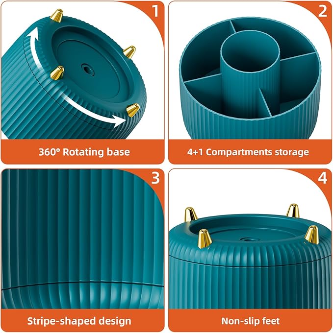 Marbrasse Desk Organizer, 360-Degree Rotating Pen Holder, Desk Organizers and Accessories with 5 Compartments Pencil Organizer, Art Supply Storage Box Caddy for Office, Home（Green）