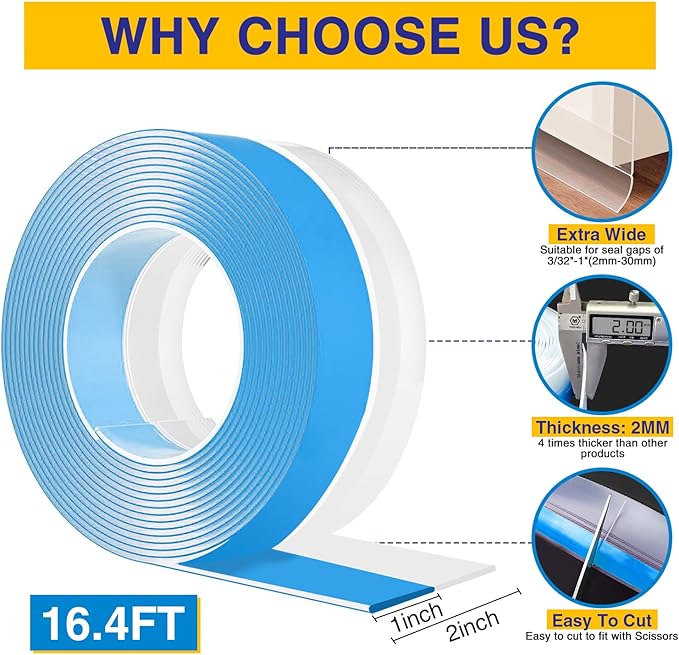 Weather Stripping Extra Thick 2mm Door Draft Stopper 16.4 FT(L) x 2 in(W) Bottom Seal Strip for House and Glass Shower, Windows, Weatherproof Soundproof Silicone Door Sweep for Collision and Gaps