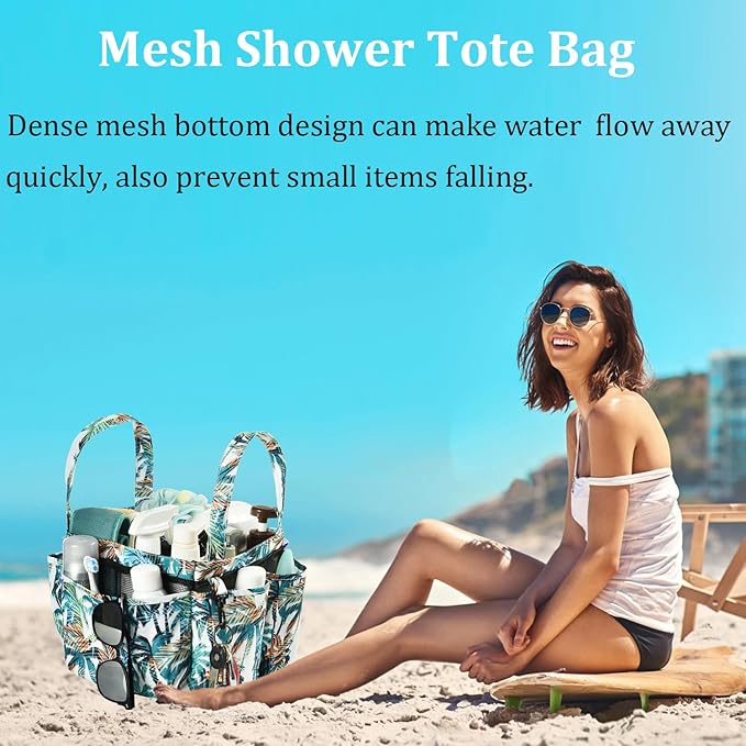 Haundry Shower Caddy Bag, Portable Mesh Shower Basket Organizer with Key Hook for College Dorm Bathroom Camp Gym, Hanging Tote Bag with 8 Pockets, Coconut Tree