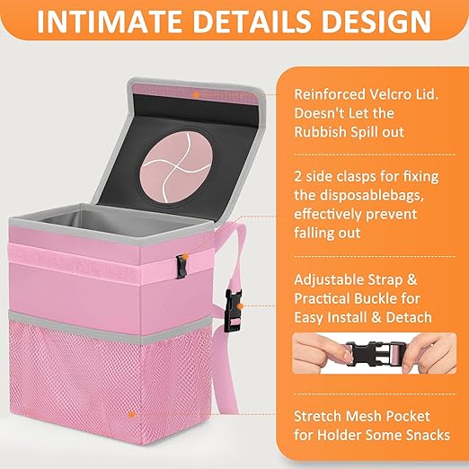 Vankor Pink Car Trash Can Cute, Pink Car Accessories for Women Waterproof Automotive Garbage Cans Leak Proof Vehicle Trash Can