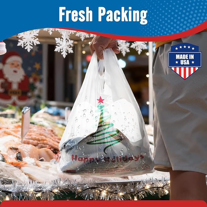 Fuxury 1000 Count - Happy Holiday Plastic T-shirt Bags with Handles (11.5" x 6.5" x 21"), Grocery, Take Out, To Go, Retail Shopping Bags in Bulk for Small Business