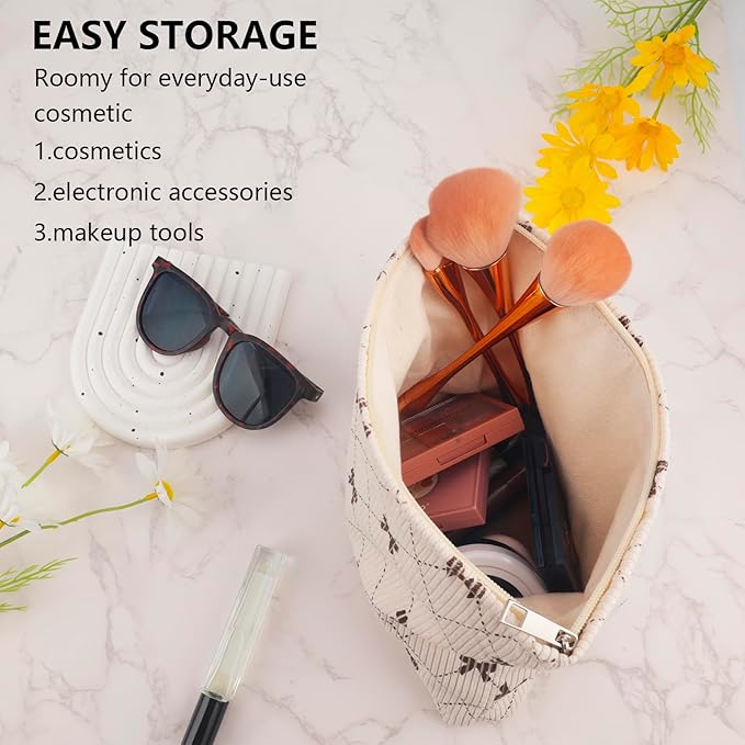 ZLFSRQ Corduroy Makeup Bag for Women Preppy Large Capacity Cosmetic Bags Travel Toiletry Organizer Pouch for Purse Zipper Makeup Brushes Storage Tote Bag Cute Y2K Aesthetic Essential Bags（Khaki Bow）