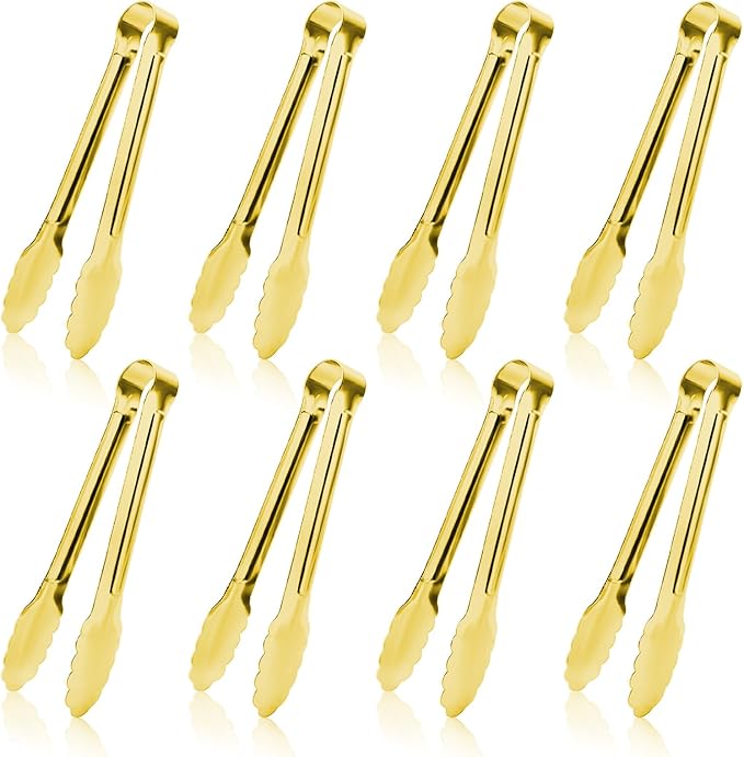 8PCS Gold Mini Metal Tongs, 5" Stainless Steel Serving Tiny Tong, Small Kitchen Accessories for Appetizer, Ice, Sugar Cube, Salad, Toaster, Desserts