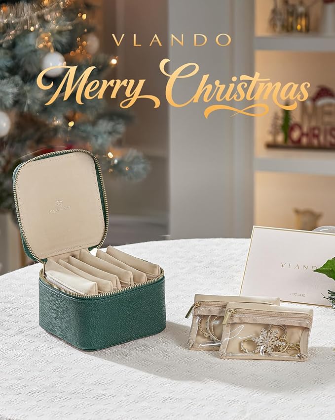 Vlando Jewelry Travel Case, Travel Jewelry Organizer with Clear Velvet Jewelry Bags 6Pcs Zipper Pouch for Women Girl Christmas Wedding Gift-Green