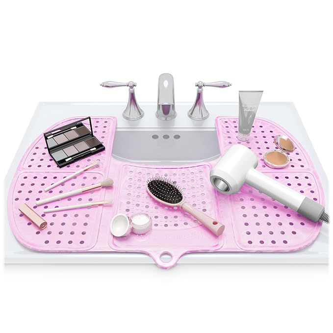 Sink Topper Bathroom Sink Cover for Counter Space & Storage Saver | RV Must Haves | Silicone Foldable Beauty Makeup Brush Cleaning Mat | Hot Tools Organizer | RV Sink Cover | Large, Pink