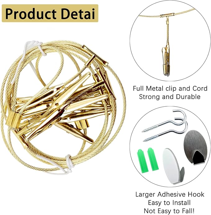 2 Pack Chain Photo Clip Hanging Photo Display Wall Photo Display Metal Photo String with 12 Clips Wall-Mounted Picture Holder for Hanging Painting Family Photos Artworks (Gold Color)