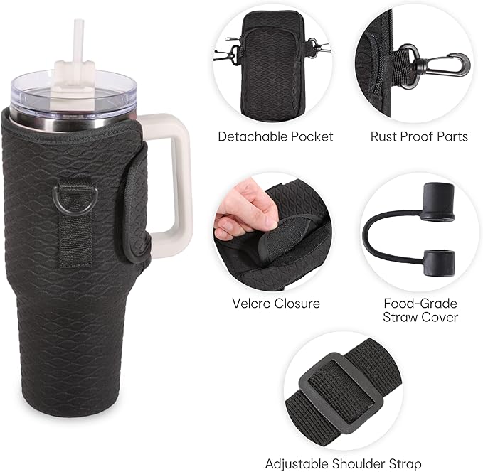 &And Per Se Neoprene Water Bottle Carrier Bag for Stanley 40oz Tumbler, Crossbody Sling with Phone Pocket & Detachable Strap, Adjustable Shoulder Holder Pouch with Charm, for Gym Travel(Black)