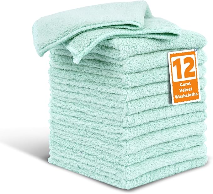 TEAWOO Coral Velvet Grayish Blue Washcloths 12 Pack, Highly Absorbent and Soft Grayish Blue Face Towels, Multi-Purpose Washcloths and Hand Towels for Bathroom, Hotel, Spa and Gym, 12 x 12 inches