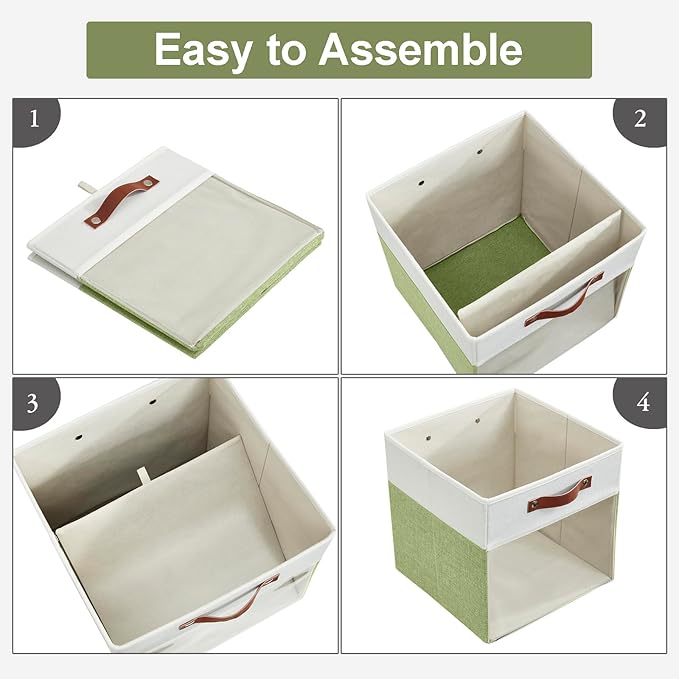 Storage Cubes, 4 Pack Linen Foldable Storage Bins (13 x 13 inch) with Clear Window and Handles, Fabric Organizer for Shelf Closet, Clothes, Books - (Green and White)