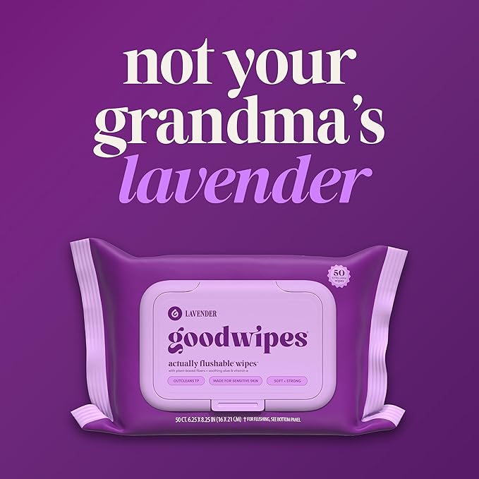 goodwipes Flushable Wipes for Adults - Lavender Butt Wipes for Women & Men, Septic Safe, Toilet & Bathroom Essentials, Extra Large, 318 Count (6 Packs and 1 Travel Pack)