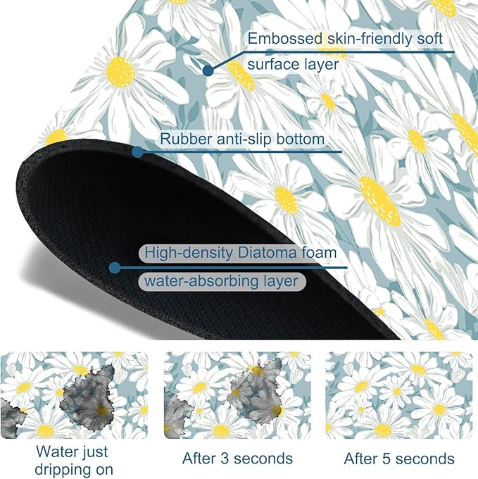White Flower Sink Faucet Absorbing Mat Cute Chamomile Super Absorbent Fast Drying Mat Sink Gadgets Behind Faucet Sinkmat for Kitchen Bathroom, 23.5"x5.5"
