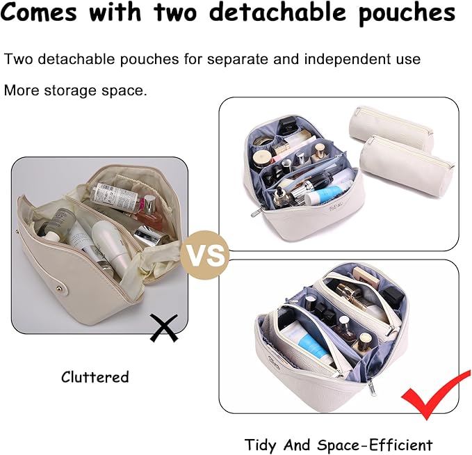 BOYATU Travel Makeup Bag for Women: Cosmetic Organizer Bag with Compartments - Leather Makeup Bags Set of 3 (G-2-White)