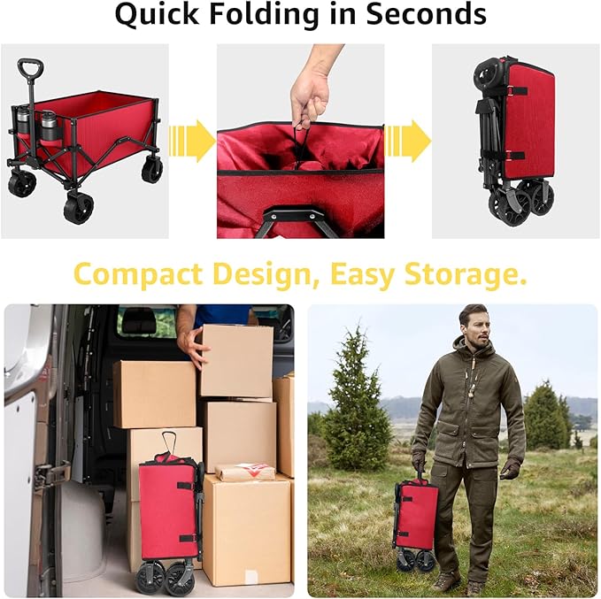 Wine Red Collapsible Wagon with Wheels, Portable Wagons Carts Foldable, Folding Wagon Cart for Groceries, Sports Garden Shopping Utility Wagon