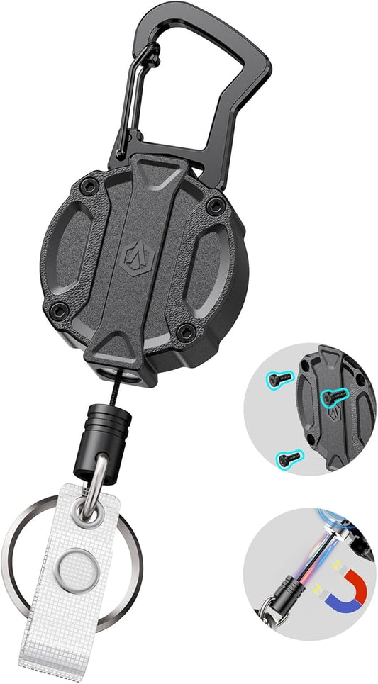 1Pack Heavy Duty Retractable Keychain, Unbreakable Embedded Body with 30.5" Dyneema Cord, Tactical ID Badge Holder Reel Carabiner Clip with Secure Magnetic Closure for Men, Holds 25oz