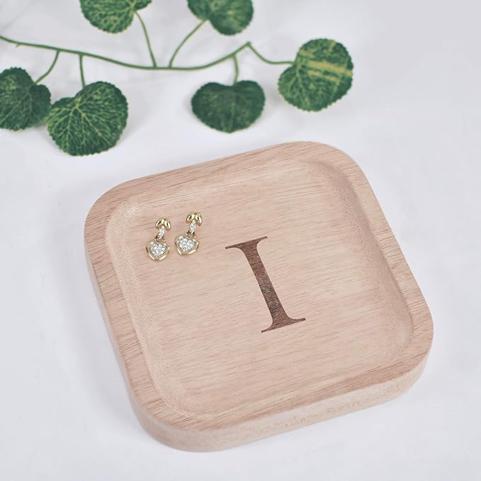 Wooden Personalized Letter Catchall Valet Tray Trinket Dish Jewelry Tray Key Bowl Decorative Plate Organizing Ring Earrings Necklaces Bracelet Watch Coins Wallet Holder (6"x6" Sq Natural "I")