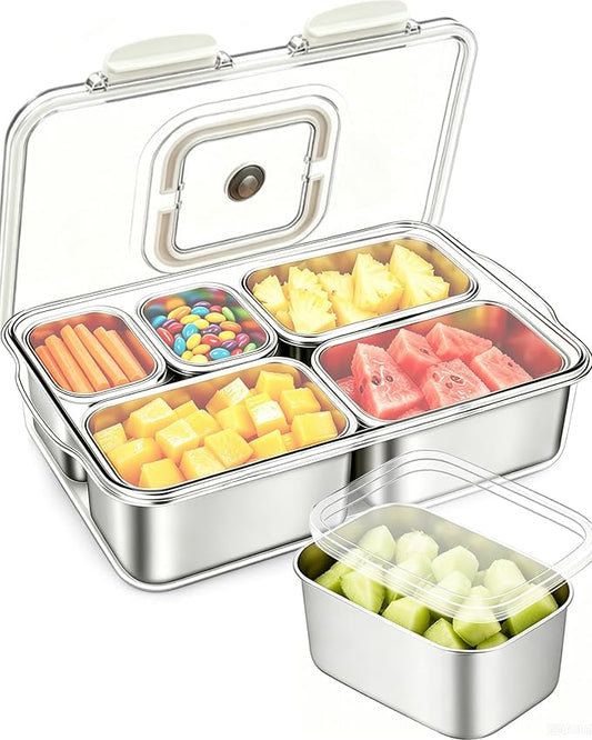 Snackle Box Container, Stainless Steel Divided Serving Tray with Lid and Handle, Large Snack Tray for Fruit Veggie Candy, 5-Compartment Snack Platter for Travel Party Beach Picnic
