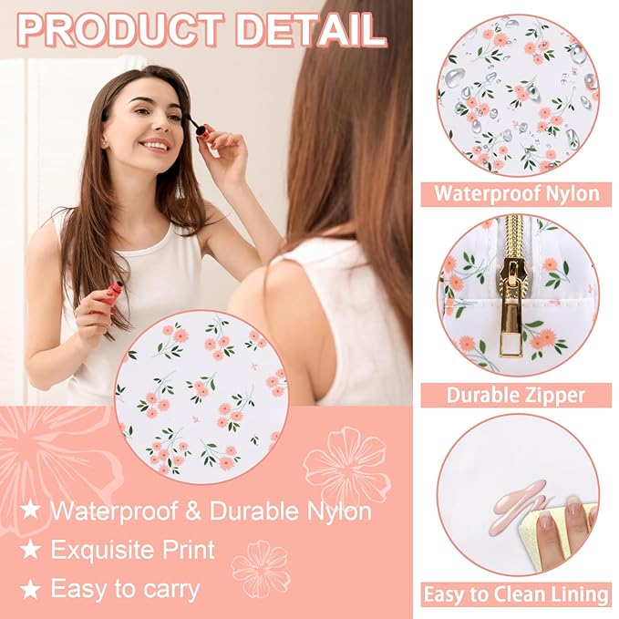 Waterproof Small Floral Pencil Case Makeup Bag for Purse,Cute Flower Pencil Pouch Preppy Nylon Makeup Brush Holder with Zipper,Girls Portable Storage Case Small Pen Bag for Work(Slim White-Flowers)