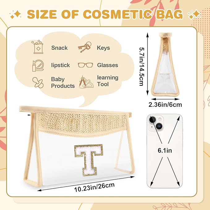 Personalized Initial Letter Bag Boho Straw Clear Makeup Bag,Small Cute Chenille Varsity Letter Bag With Zipper,Beach Travel Toiletry Bag,Portable Monogrammed Cosmetic Bag for Women Girls,T