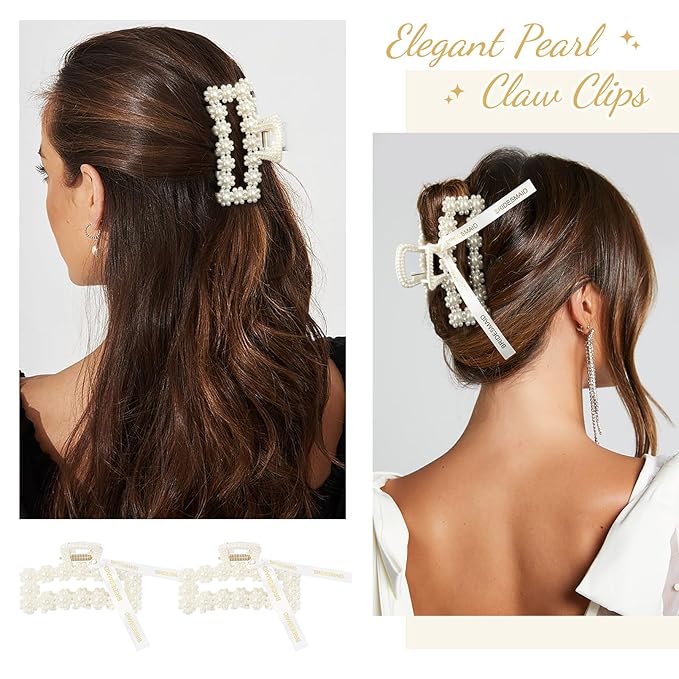 DEEKA Bridesmaid Proposal Gifts 8 Pack Pearl Bridesmaid Hair Claw Clips with Ribbon 3.7 Inch Large Hair Clips Bachelorette Party Favors Bridal Party Present Hair Accessories (Rectangle L)