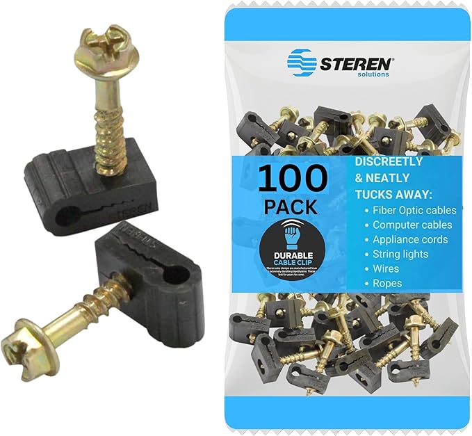 STEREN Coaxial Cable Clips - Cable Holder - Siding Clips for Hanging - Cord Holder for Desk - Cable Clamps - Cord Clip - Wire Organizer Clips - TV Mount Screws (Black, 100 Count - Mini Screw)