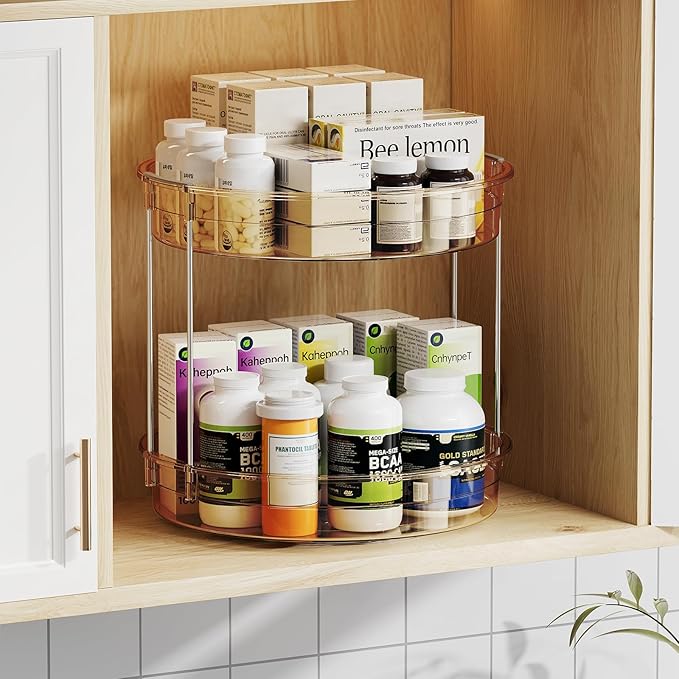 LAMU 2 Pack 2-Tier Lazy Susan Turntable Organizer 12'' Rotating Spice Rack Organization for Cabinet, Kitchen, Pantry, Countertop, Bathroom, Vanity, Medicine Cabinet Organizer, Amber