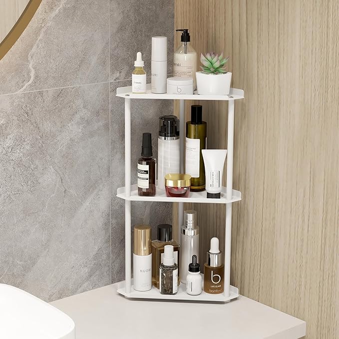 3 Tier Bathroom Counter Organizer, Vanity Organizer Corner Shelf, Skincare, Makeup Countertop Organizers, Kitchen, Bathroom Counter Storage, White