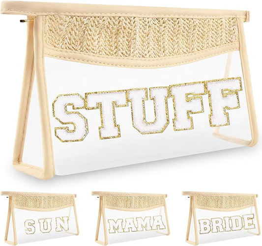 Boho Clear Makeup Letter Patch Makeup Bag STUFF Pouch, Clear Toiletry Bags Travel Small Cute Stadium Chenille Letter Cosmetic Zipper Pouch Purse, Waterproof Glitter Makeup Organizer for Women(STUFF)